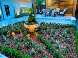A landscaped flowerbed in a backyard